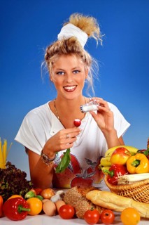 Blonde woman eating a radish for breakfast, fruit and vegetable basket, fruit, vegetables, 25