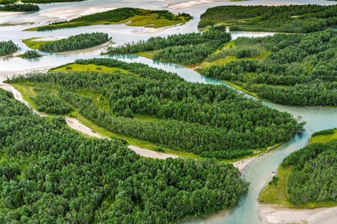 Aerial view of the Glamaga river delta, (Glomådeltaet or Glomåga-deltaet), turquioise water, near