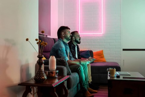 A gay couple is enjoying video gaming in their cozy living room. Neon pink lights illuminate the