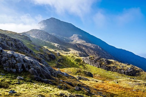 Autumn colours of Pen-y-Pass over Miner's Track, Start Point and road A4086, Snowdonia, Wales, UK