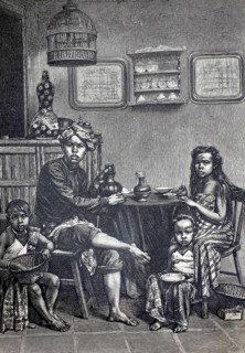 Family in their house in Java, Malay house and people, 1890, Malaysia, illustration, reproduction