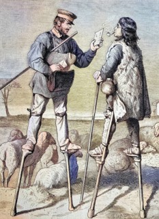 Postman on stilts in the south of France, France, Historical, digitally restored reproduction from