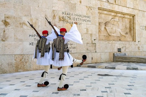 The traditional changing of the guard of the Evzones in front of the Greek Parliament in the Greek