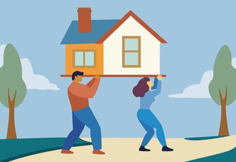 A couple collaborates to lift a house, symbolizing their shared dreams of homeownership in a