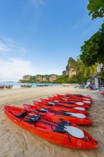 Beach landscape with kayak boats near Krabi, weather, sky, nature, beach, beach holiday, beach
