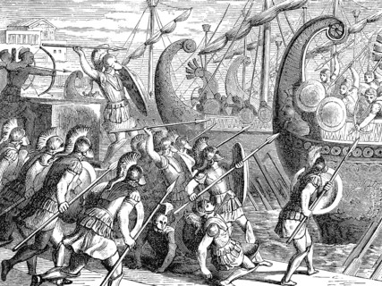 Brasidas, an Spartan officer, defendering the port of Methone or Methoni, while the Athenian fleet