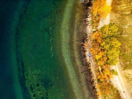 Aerial view captures the stunning autumn colors of Queenstown, New Zealand, with vibrant foliage
