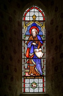 Stained glass window of Saint Luke by Horwood 1878, church of Saint Mary the Virgin, Silchester,