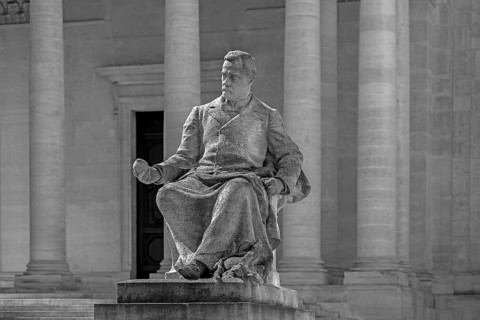 Memorial to Luis Pasteur, 1822—1895, French chemist and physicist, black and white, courtyard of