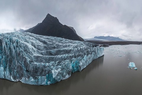 A panoramic view of Vatnajökull Glacier at Vatnajökull National Park in Iceland, showcasing jagged