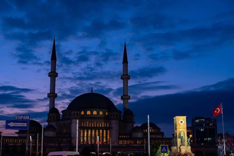 Istanbul Turkey. October 18th 2021 Night time view of the new Taksim Mosque complex at the