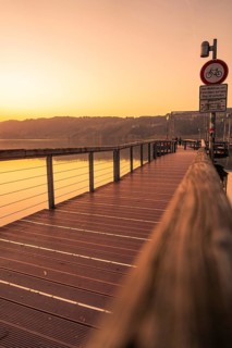 Wooden path along a lake, sign and railing in warm sunset light, Großer Alpsee, Immenstadt im