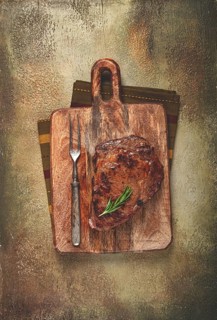 Grilled steak, beef steak, rib eye steak, on a chopping board, top view, no people