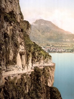 Ponale road and view of Riva, Lake Garda, Italy, Historical, digitally restored reproduction from a