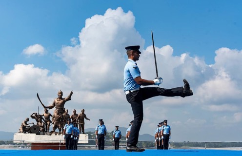 Indian Air Force personnel performs a bayonet drill demonstration on the bank of Brahmaputra river,