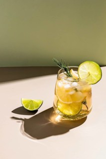 A refreshing summer cocktail with ice, lime slices, and rosemary, set against a soft green