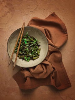 Fried bean pods, in soy sauce, with sesame seeds, homemade, no people