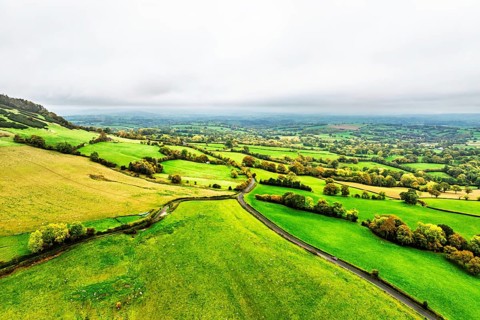 Autumn colours over Wales Farms and Fields from a drone, Grosmont, Abergavenny, Monmouthshire,