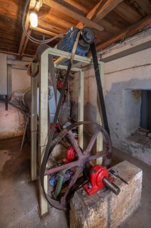A horizontal Francis turbine, power generation with transmission drive in a former corn mill,