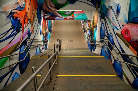 Graffiti underwater world by artist Jeroo, stairs to the underpass, Sommerrain, Stuttgart,