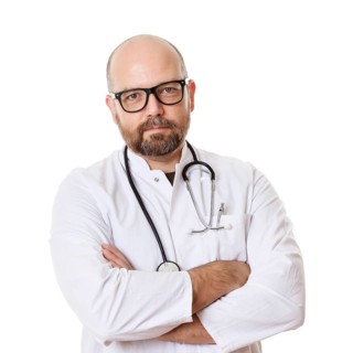 A doctor with a stethoscope, 40 years old, bearded, Bavaria