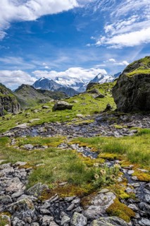 Picturesque mountain landscape, view of glaciated mountain peaks of the Grand Combine, Valais Alps,