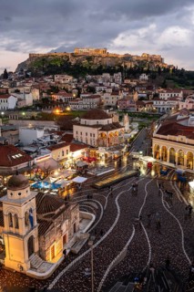 View over the old town of Athens, with Panagia Pantanassa Church, Tzisdarakis Mosque and Acropolis,