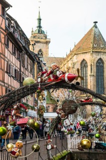 Christmassy decorated half-timbered houses, Old Town, Colmar, Haut-Rhin Department, Alsace, France