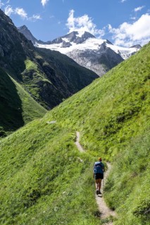 Hiker on hiking trail, view of Großer Schober and Rötspitze, Umbaltal, Hohe Tauern National Park,