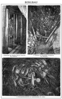 Historic illustration, mining operations in the 19th Century, historische Zeichnung, Bergbau im 19.