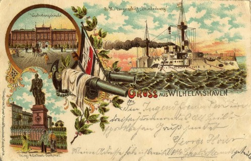 Historical postcard, picture postcard, armoured ship Brandenburg, west gate building and Prince