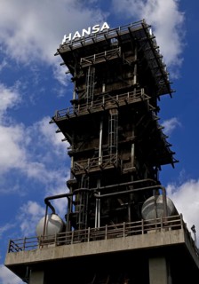 The extinguishing tower with lettering, landmark in Dortmund-Huckarde, Hansa coking plant,