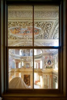 View from the gallery through a window, baroque castle church of St Trinitatis at Christiansburg