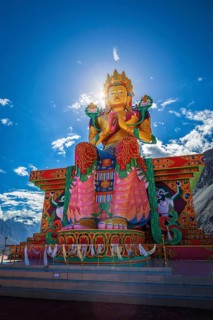 Buddha Maitreya statue in Diskit Gompa (Tibetan buddhism monastery) . Diskit, Nubra Valley. Ladakh,