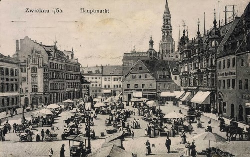 Historical postcard, picture postcard, The main market in Zwickau, Saxony, Germany, digitally