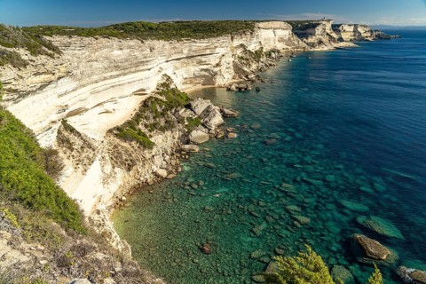 The white chalk cliffs of the cliffs near Bonifacio, Corsica, France