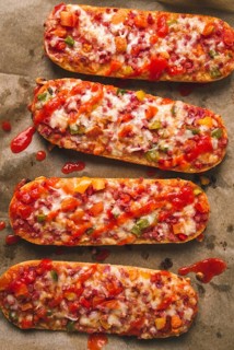 Pizza on a baguette, top view, close-up, no people, fast food, street food