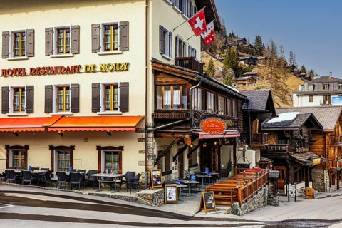 Hotel Restaurant De Moiry with outdoor seating, historic town centre, Grimentz, Val d'Anniviers,