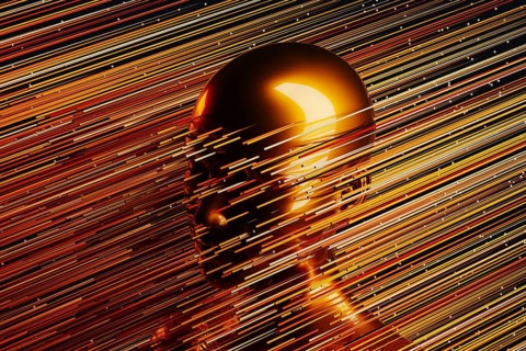 A sleek metal humanoid stands against a backdrop of vibrant, swirling lines representing artificial
