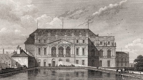 The opera of Versailles, near Paris, antique steel engraved print, 1831