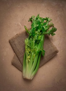 Fresh bunch of celery, top view, no people