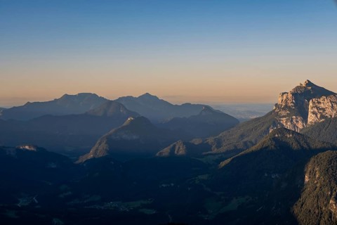 View in the evening from the Lofer Mountains of the Lofer valley and the peaks of Hochstaufen and