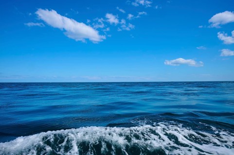 View of waves in the ocean under a blue sky with clouds, Seahouses, Ferns Islands, Northumberland,