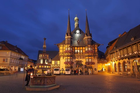 Market square with gothic town hall and benefactor fountain, blue hour, twilight, night view,