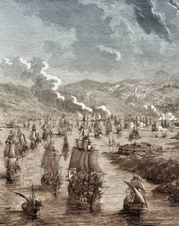 The Spanish fleet at Cagliari, Sardinia, Italy, conquest of Sardinia, 1717