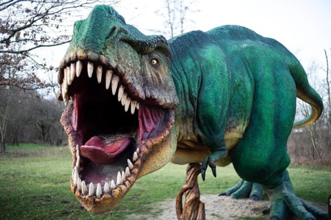 LUBIN, POLAND - DECEMBER 31, 2023 - Realistic model of dinosaur Tyranosaurus Rex in Park Wroclawski