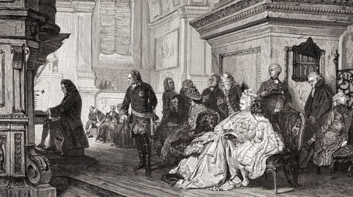 Johann Sebastian Bach plays the organ for King Frederick the Great of Prussia at Potsdam