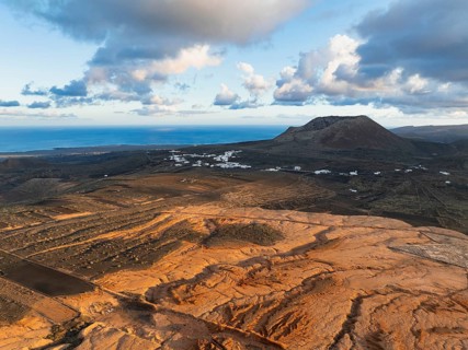 Volcán de la Corona in evening light, aerial view, at sunset, Lanzarote, Canary Islands, Spain