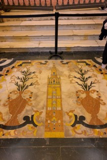 Mosaic floor shows artfully designed, colorful detailed decorations, Seville, Andalusia, Spain