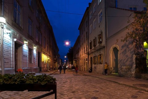 Evening in the old town district of Lviv, Ukraine